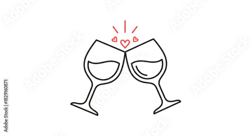 A romantic toast with two clinking wine glasses, a minimalist line art icon symbolizing love and celebration with hearts. Perfect for a wedding or anniversary