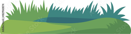 Minimal flat illustration of a green grassy hill with stylized bushes and foliage on a clean white background, ideal for nature scenes, banners, and kids projects