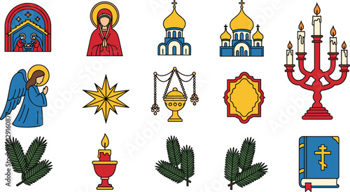 Orthodox Christian religious icons collection with churches, angels, candles, nativity scene, holy symbols, Christmas celebration elements, colorful traditional illustration set