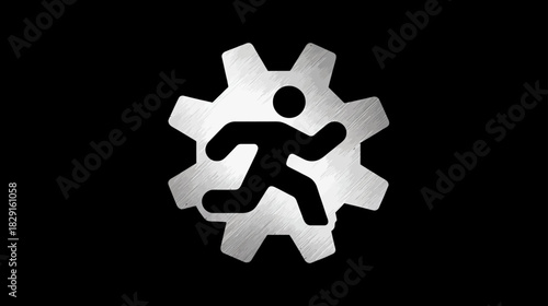 Gritty running man inside a cogwheel icon. Concept of process, performance, efficiency, progress, and active solution.