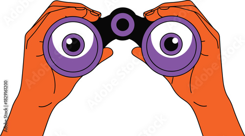 Illustrated hands holding binoculars with large purple cartoon eyes, creative vision concept, observation, search, focus, exploration, surveillance design