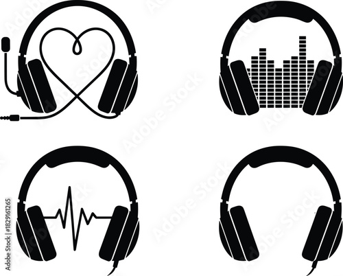Headphone icon set with heart cable, music equalizer design, sound wave illustration, audio symbol collection, modern musical vector graphics