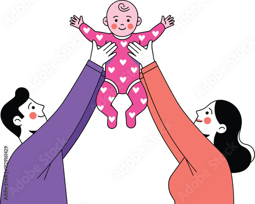 Happy parents lifting their smiling baby in cute heart-pattern outfit, family love, parenting, joyful parenthood illustration for childcare concepts