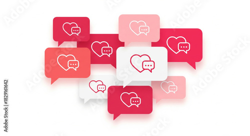 Floating chat notifications with heart symbols symbolizing love, romance, and positive feedback on social media