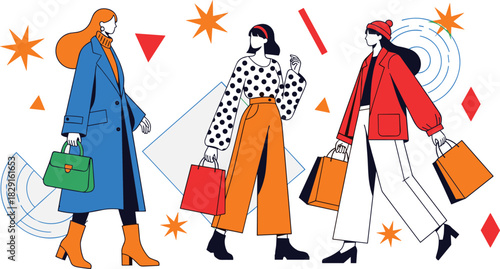 Fashionable women shopping together, stylish modern female characters carrying bags, retail lifestyle illustration, trendy fashion concept, colorful contemporary vector design