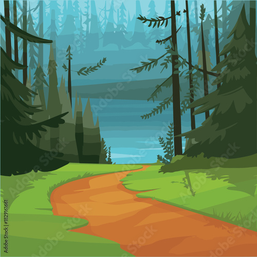 Vector a winding path through a dense forest with tall trees and a distant body of water visible in the back