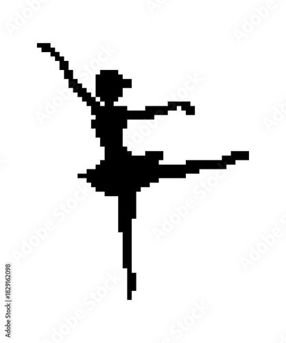 Black pixel art ballet dancer icon in retro 8bit style. cute ballerina classical ballet cartoon.