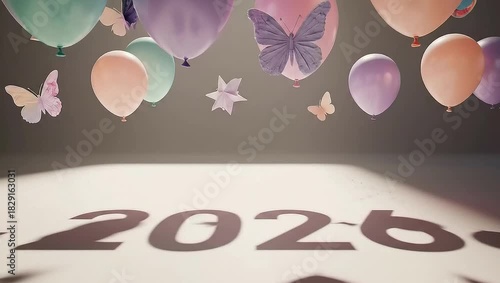Soft Pastel Balloons and Butterflies Rise, Revealing 2026 Shadow for New Year Celebration
