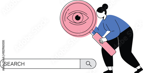 Woman using large magnifying glass to search information, eye symbol in lens, modern search bar illustration, online research and discovery concept