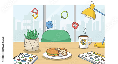 Creative Workplace Illustration with Cityscape, Coffee, and Doodle Art Elements