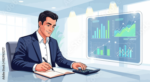 Focused businessman analyzing financial data in a modern office setting