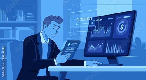 Businessman analyzing blockchain data on tablet and desktop in modern workspace