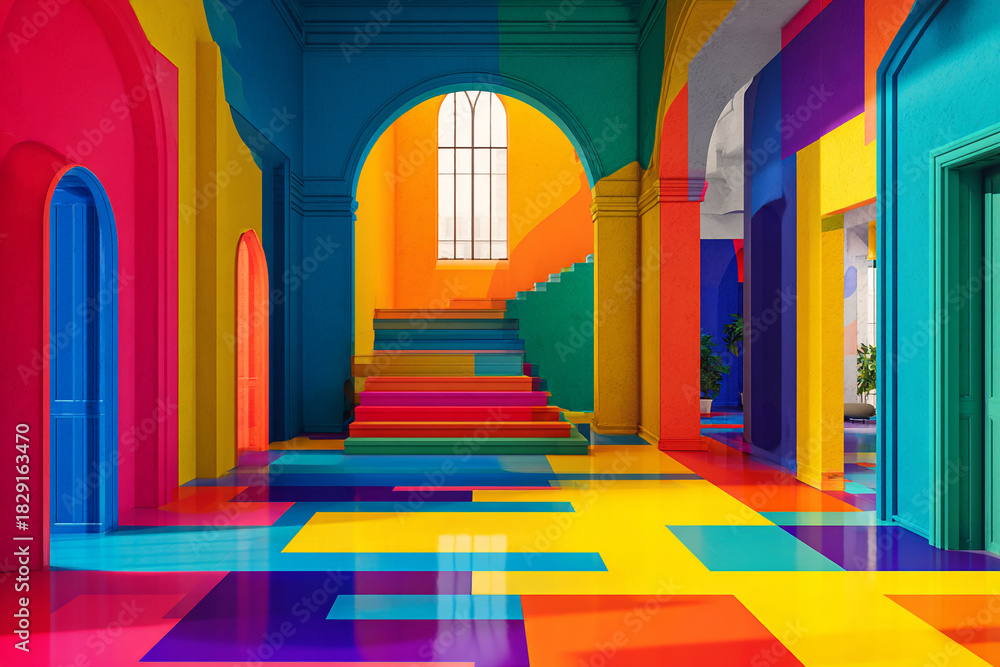 Fototapeta premium A vibrant abstract interior with geometric shapes and a rainbow staircase