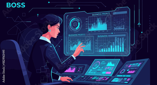 Futuristic Business Leader Managing Data Analytics on Advanced Touchscreen