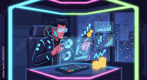Future of finance: Digital investor navigating market trends with virtual interface