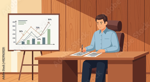 Analyst examining business data presented on a whiteboard at office desk