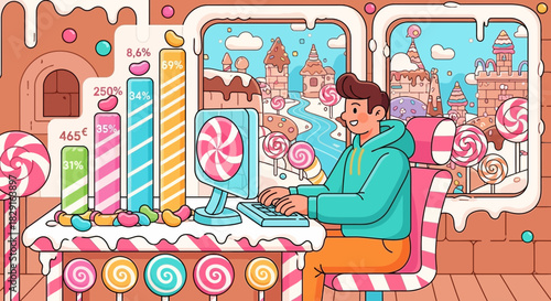 Sweet business analytics in a candied office with a digital lollipop monitor
