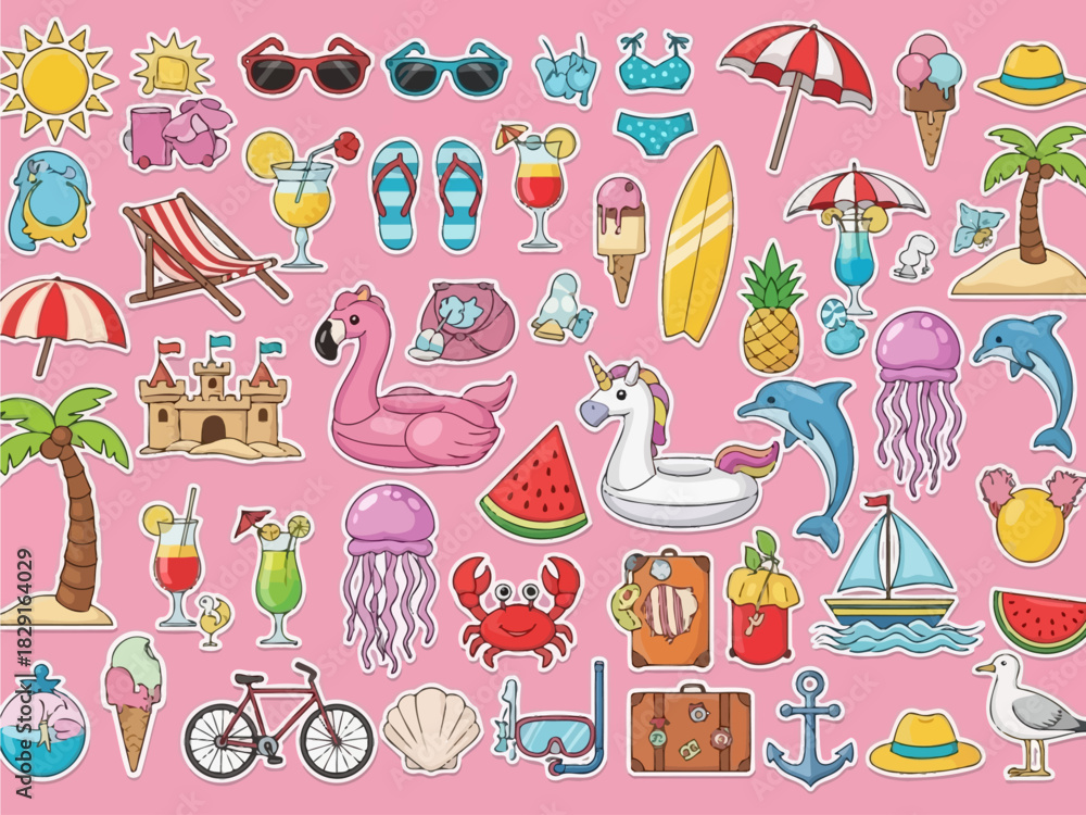 Fototapeta premium Ultimate Summer Beach Vacation Sticker Pack – Fun Travel Icons Set