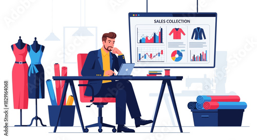 Fashion designer reviewing sales collection data in a modern studio setting