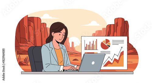 Female professional analyzing data in a desert landscape setting with a laptop