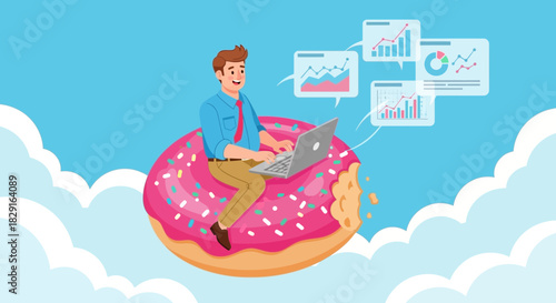 Cartoon businessman working on laptop while riding a frosted donut in the sky