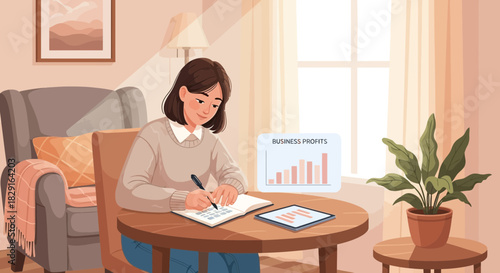Woman analyzes business growth data in a cozy home setting for strategic planning
