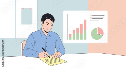 Illustration of a professional reviewing financial reports and taking notes