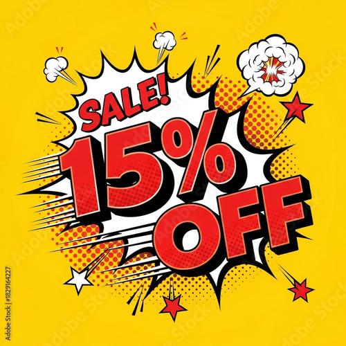 Sale 15% off comic book style pop art explosion on yellow background