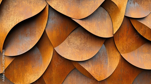 A 3D rendered abstract pattern with smooth, wavy, or scale-like shapes. The texture resembles weathered corten steel or rustic wood, creating a unique backdrop.