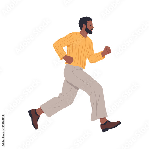 Vector a man with a beard is running quickly wearing a yellow sweater and light colored pants outdoors