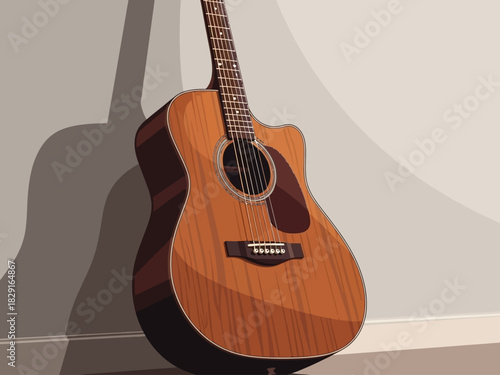 Acoustic Guitar Leaning Against Wall with Shadow.
