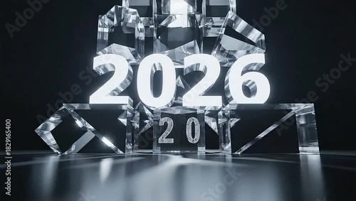 2026 Year Reveal with Elegant Crystal Cubes and Reflective Geometric Shapes