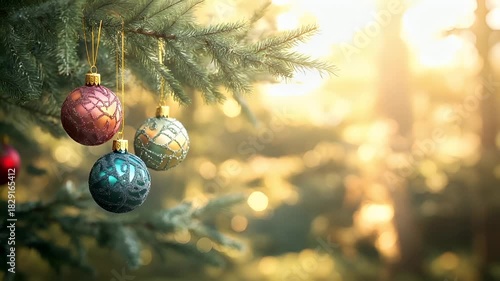 Wallpaper Mural Winter holiday celebration concept. Christmas New Year. A closeup of a Christmas tree adorned with colorful ornaments. The trees branches are visible, and the background is softly blurred. Torontodigital.ca