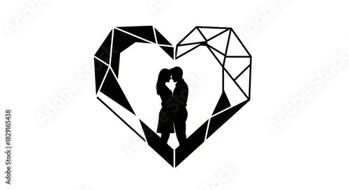 Geometric Heart with Silhouette of Couple Embracing, Romantic Love Theme Graphic Icon