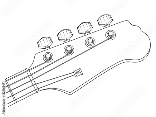 Bass Guitar Headstock with Tuning Pegs and Strings Line Art.