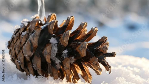 Close Up of Water Melting Frost on a Pine Cone Lying in Sparkling Winter Snow