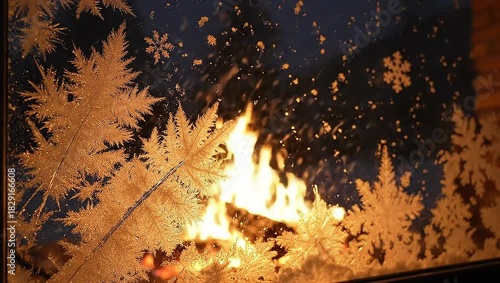 Cozy Winter Scene with Flickering Fireplace Flames Behind a Beautifully Frosted Window