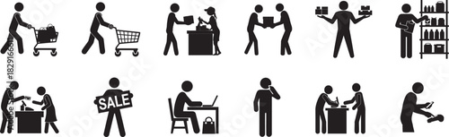 Retail Shopping Stickman Silhouette Icon Set | Cart, Checkout, Delivery, Online Shopping