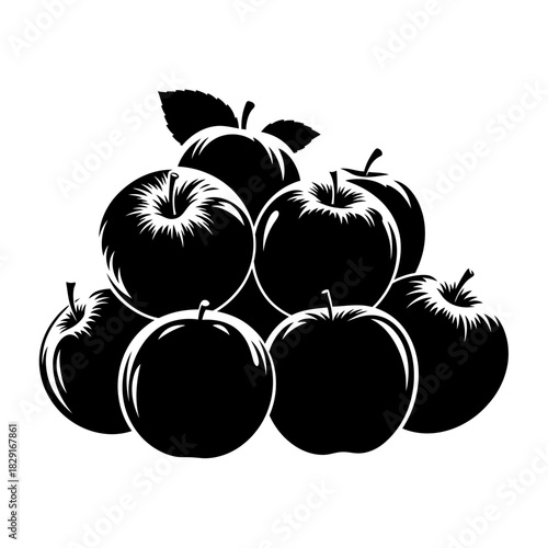 Monochrome depiction of multiple apples clustered with leaves and stems