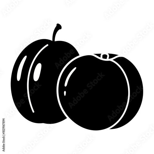 Monochrome vector drawing featuring two plums in minimalistic graphic style