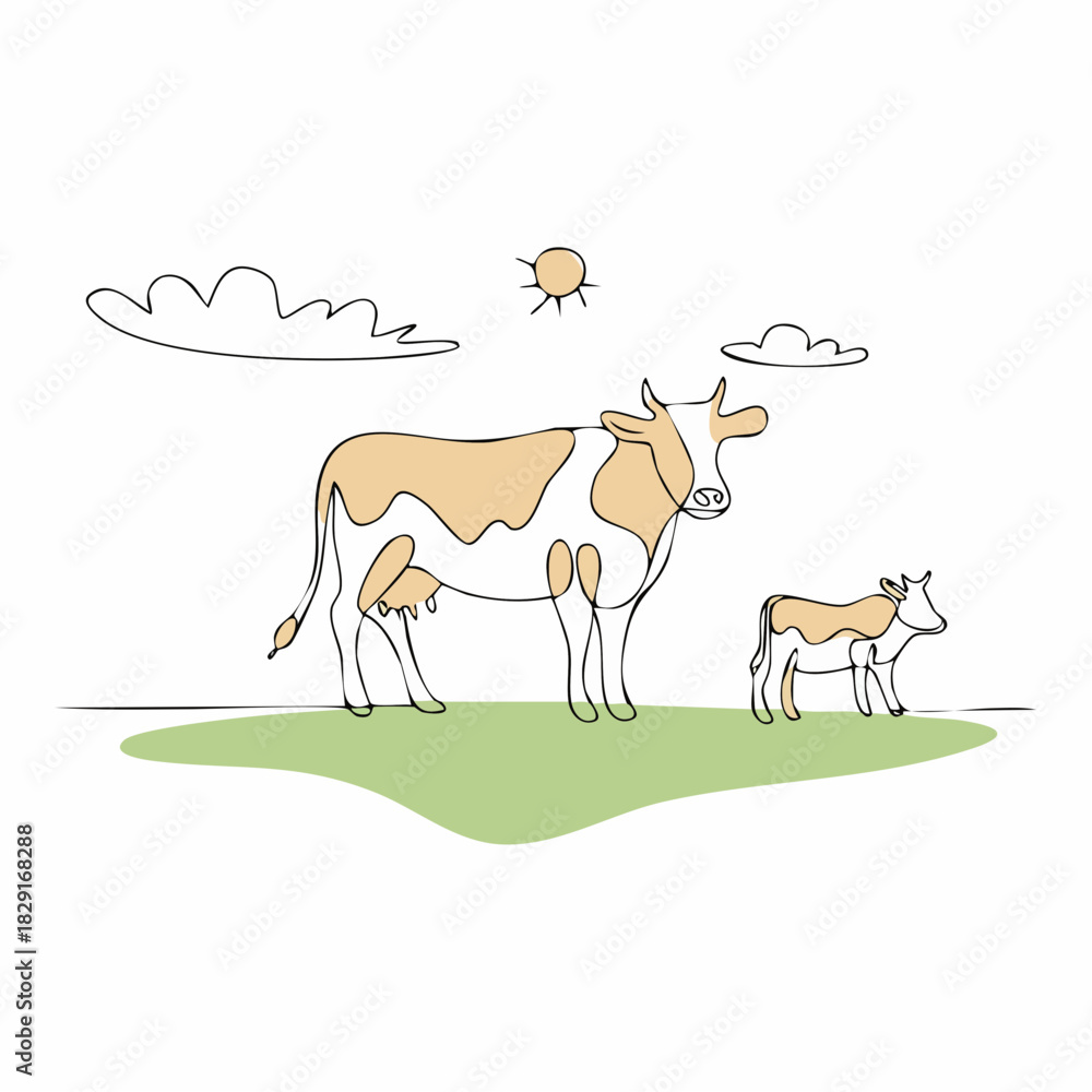 Fototapeta premium Cows on pasture in One continuous line drawing. Milk calf animal grazing symbol and beef meat farm concept in simple linear style.