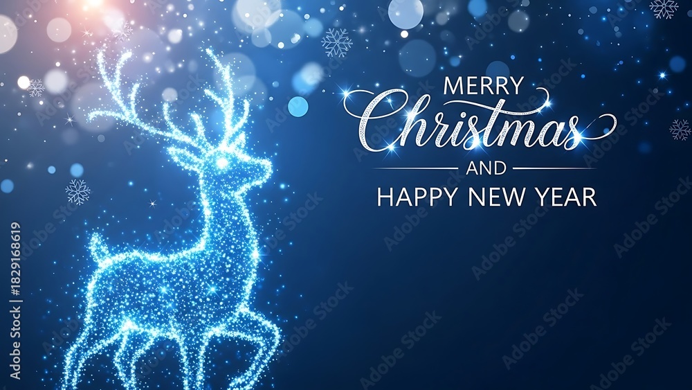 Obraz premium Sparkling blue reindeer emerges from a swirling stardust nebula, wishing joyful winter holidays and new beginnings