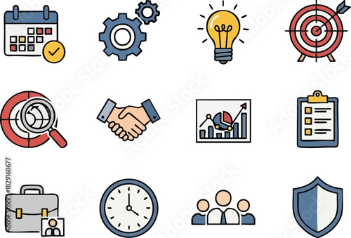 Business Strategy Icons Planning, Teamwork, and Goal Setting for Success
