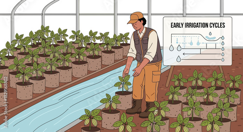 Illustration showcasing early plant irrigation cycles within a controlled greenhouse environment