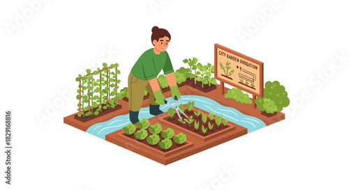 Isometric depiction of a woman gardening in a vibrant and thriving community garden