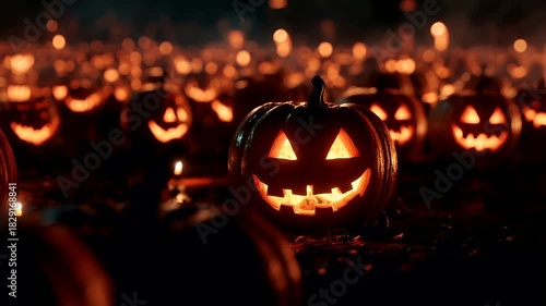 Halloween holiday promotion theme. Spooky scaring. A closeup shot of a Halloween scene with glowing jackolanterns on the ground. The main subject is a large, carved pumpkin with a jovial expression.