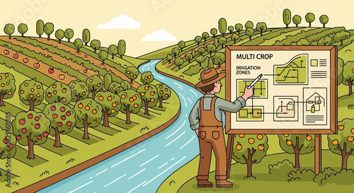Conceptual illustration of a modern farmer explaining multi-crop irrigation zones