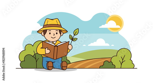 Illustration of a young farmer reading a book about plants in the countryside