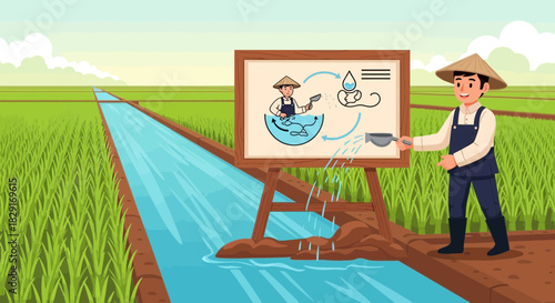 Traditional irrigation methods for rice cultivation, utilizing water channels