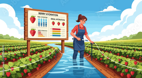 Cartoon illustration of strawberry irrigation with hydration data analysis on the farm